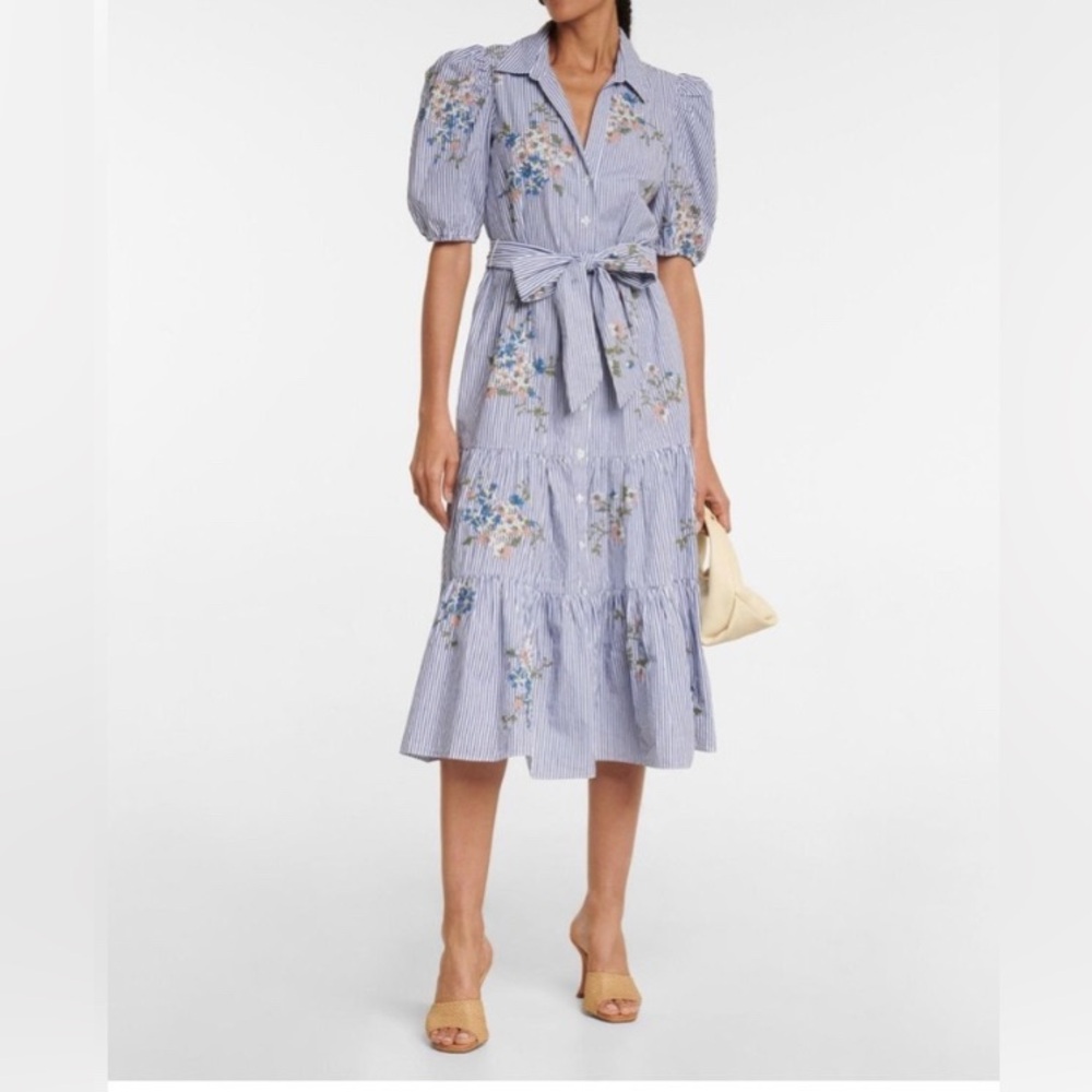 Veronica Beard Blue Tiered Puff Sleeve Midi Dress